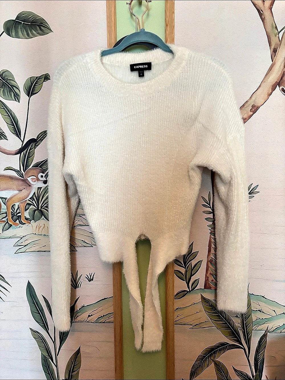 Express Fuzzy Ribbed Surplice Tie Sweater White XS
